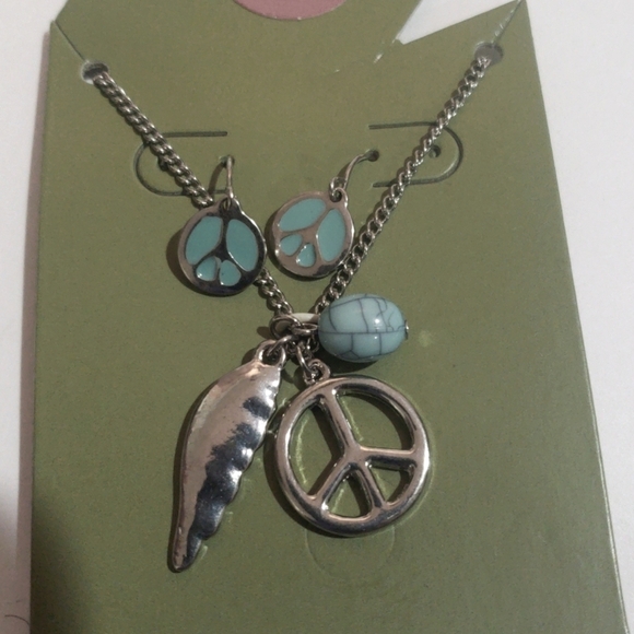 Boho Silver Peace Charm Necklace & Turquoise Accent Earrings – Artisan Jewelry - Picture 3 of 9